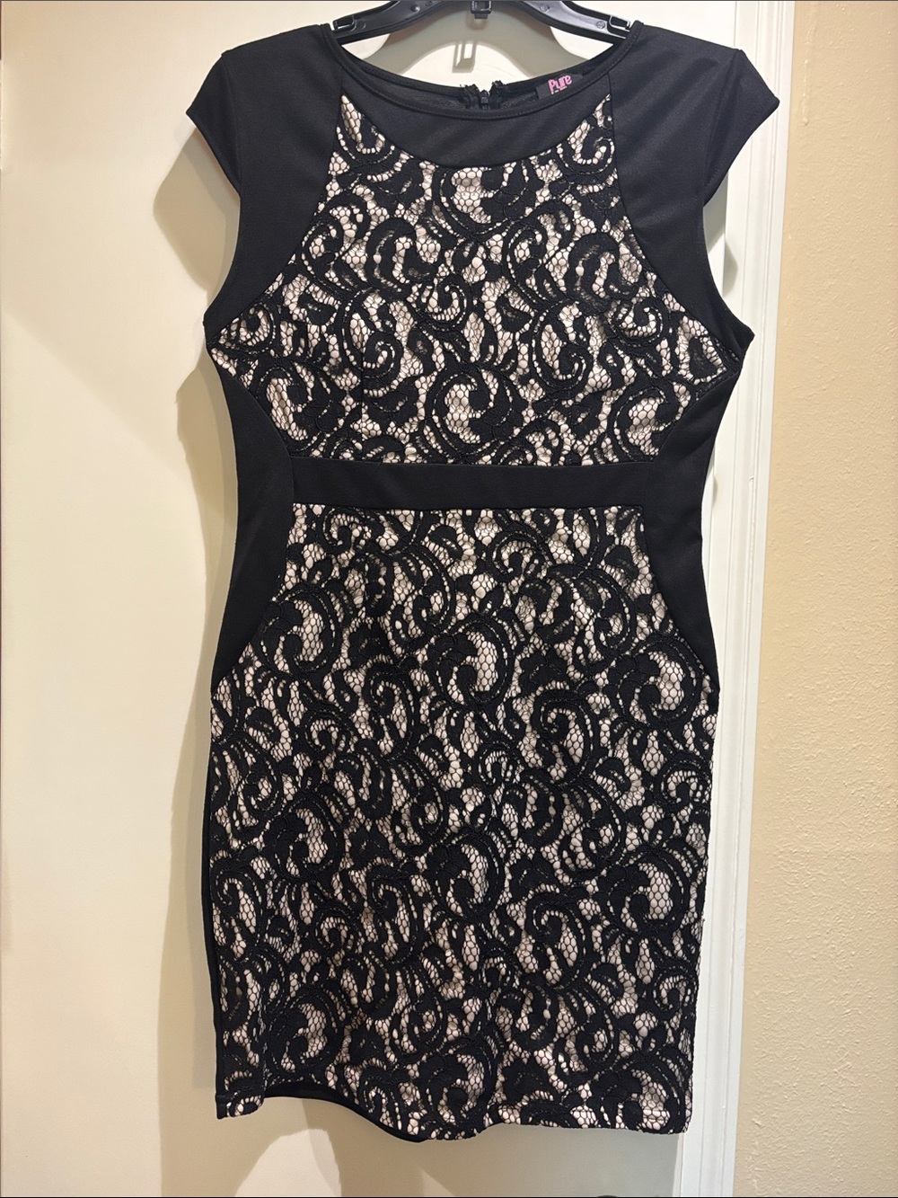 Black Lace-Overlay Mini Dress with Nude Underlay - Women